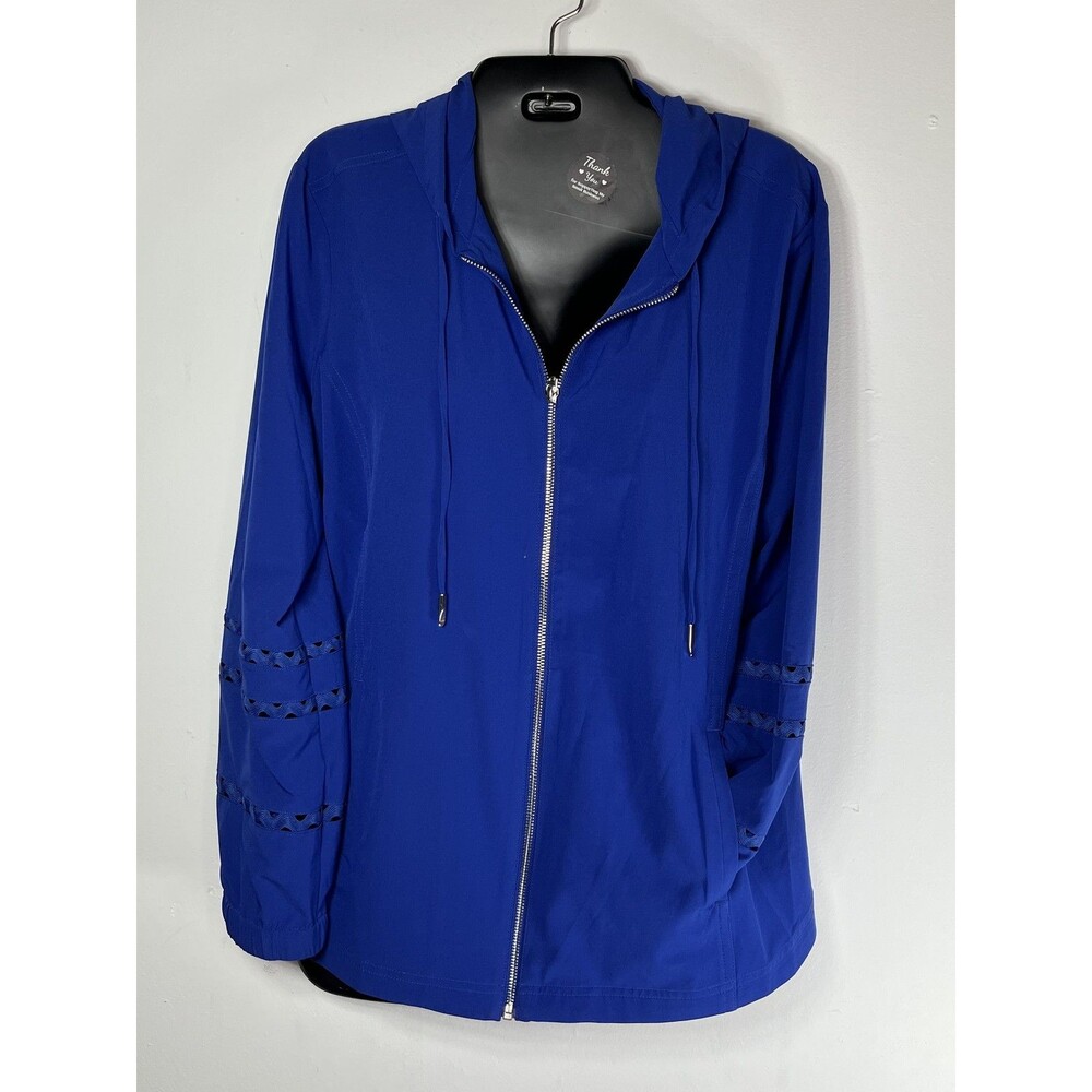 Chico's Jacket Womens Size 12 Blue Hooded Lace Sleeve Lightweight Softshell Zip